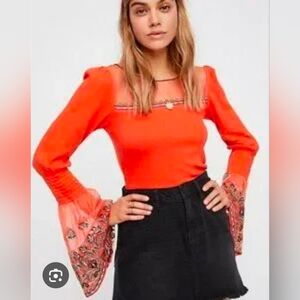 Rare Free People High Tides Bell Sleeve Mesh Blouse Top Orange Size M Boho